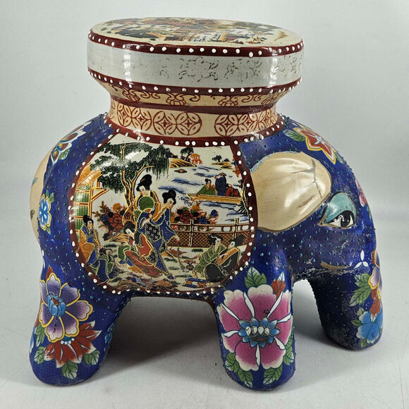 Vintage hand painted Satsuma Elephant Statue Plant Stand 8.5"